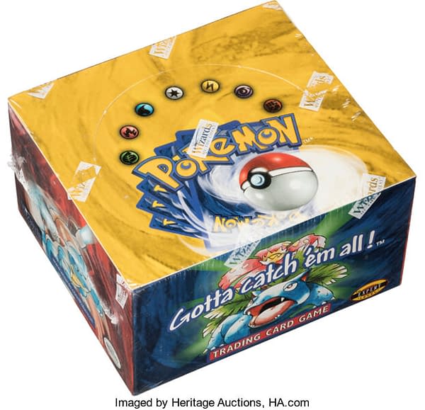 An angled photograph of the Unlimited booster box of Base Set cards from the Pokémon TCG. This box is currently available for auction over at Heritage Auctions.