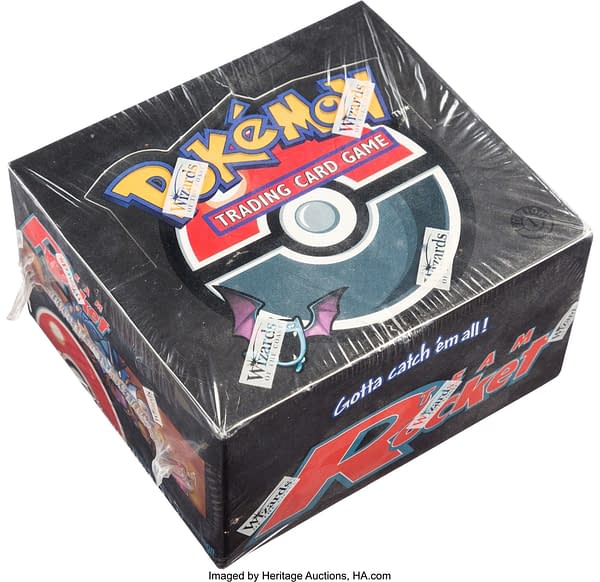 An angled shot of the top and front of the sealed 1st Edition Rocket booster box from the Pokémon TCG. Currently available at auction on Heritage Auctions' website.