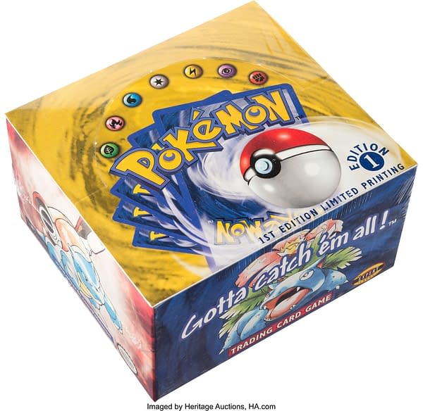 An angled shot of the sealed 1st Edition Base Set booster box from the Pokémon TCG. Currently on auction at Heritage Auctions' website.