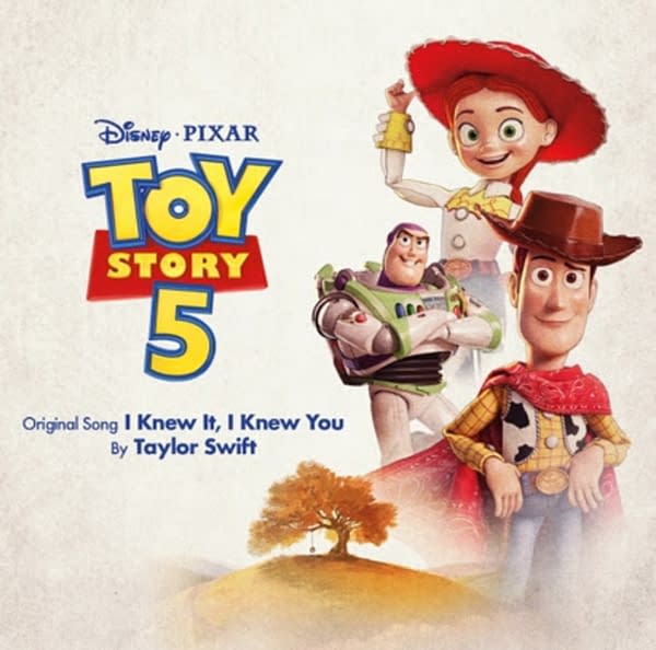 Toy Story 5 promotional artwork featuring Woody, Buzz Lightyear, and Jessie, with text noting an original song by Taylor Swift.