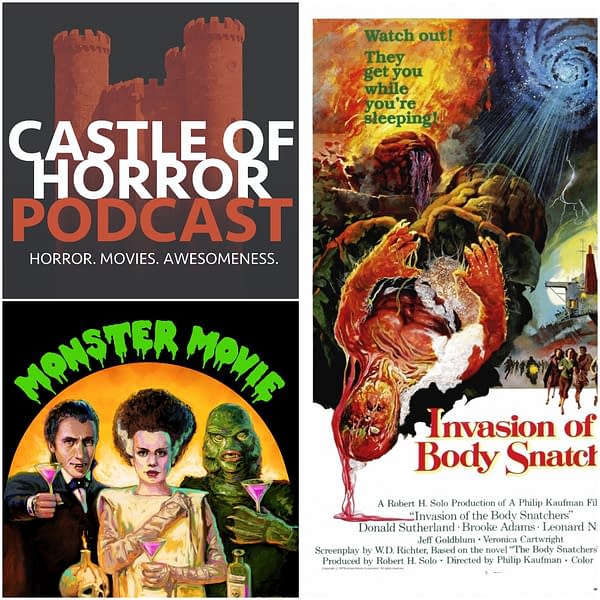 Top left: The official logo for the Castle of Horror podcast and used with permission. Bottom left: The official logo of Monster Movie Happy Hour and used with permission. Right:
