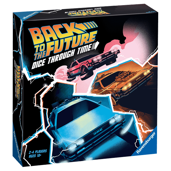The front of the box for Back To The Future: Dice Through Time, a new game by Ravensburger.