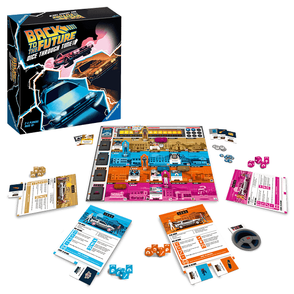 An array of the game components found in Ravensburger's new game, Back To The Future: Dice Through Time.