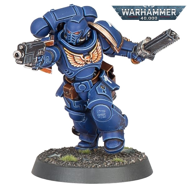 A chainsword-wielding Space Marine Intercessor for the ninth edition of Warhammer 40,000.