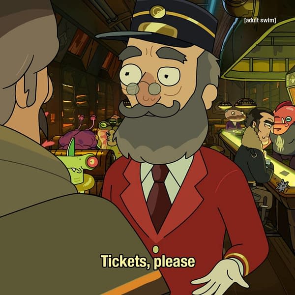 The train conductor isn't leaving until he gets your ticket on Rick and Morty, courtesy of Adult Swim.