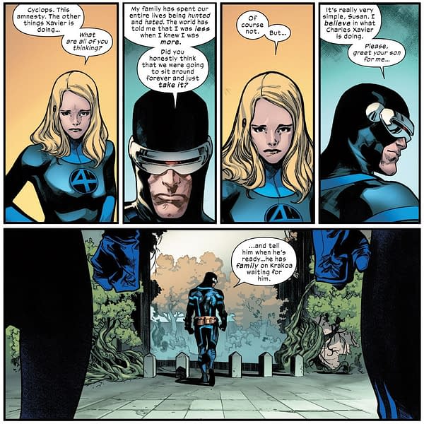 A scene from House of X #1 by Jonathan Hickman and Pepe Larraz