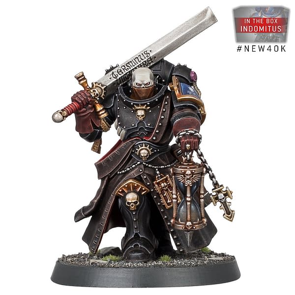 The Space Marine faction's Judiciar model, from the Indomitus boxed set for Warhammer 40,000 by Games Workshop.