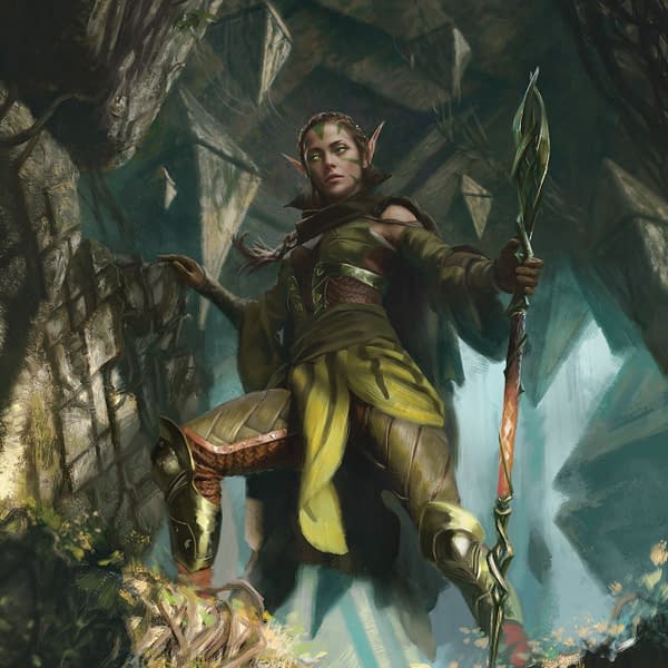 The artwork for an all-new iteration of animist Planeswalker Nissa Revane from Zendikar Rising, a new expansion set for Magic: The Gathering. Illustrated by Yongjae Choi.