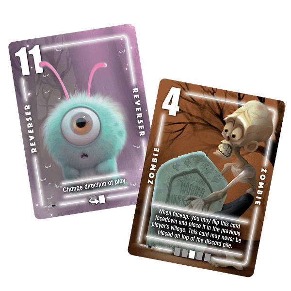 The two aforementioned cards from Silver Dagger, a new card game by Bezier Games, that have some significance in the game mechanics: namely, the Zombie card and the Reverser card.