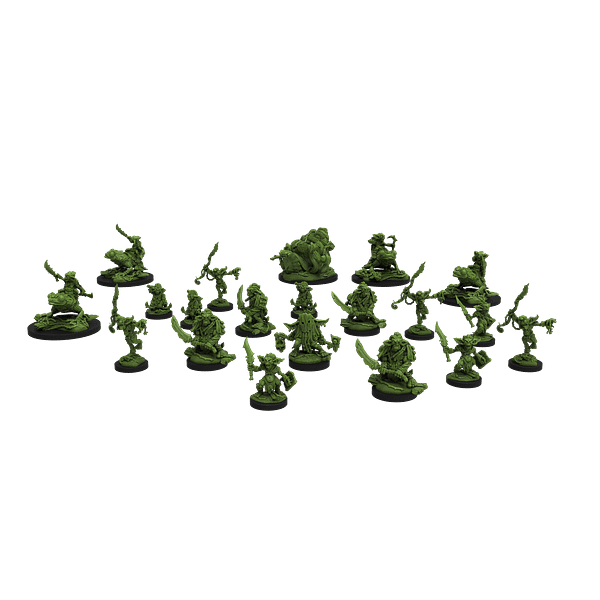 An array of different Goblin miniatures from Epic Encounters' new Village of the Goblin Chief boxed set by Steamforged.