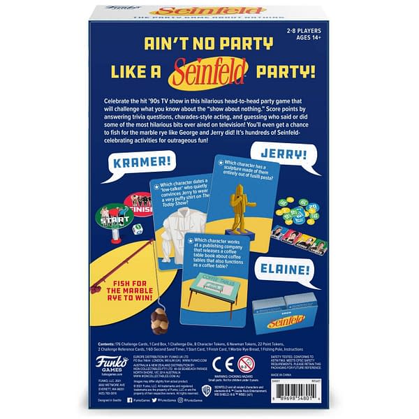 The back cover of the box for Seinfeld: The Party Game About Nothing by Funko Games.