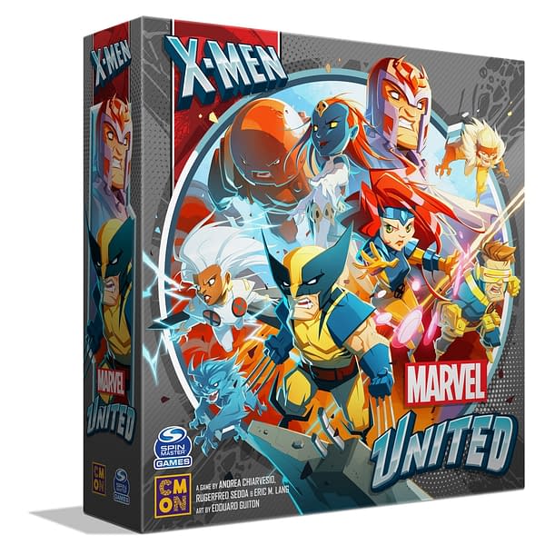 The box for Marvel United: X-Men, a new incoming game by CMON that is being crowdfunded right now on Kickstarter.