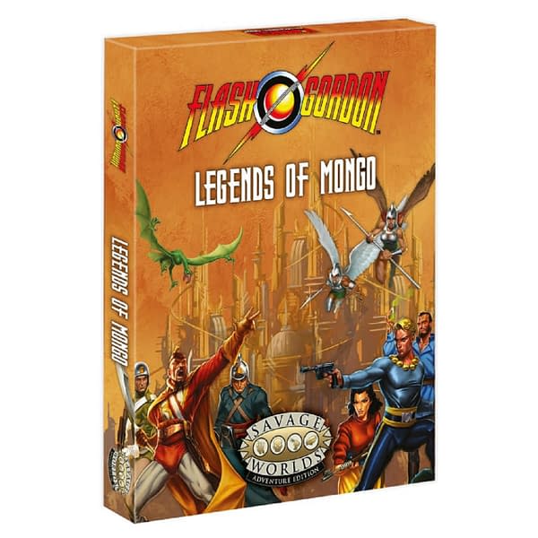 The box cover for Legends of Mongo, the upcoming booster box expansion for The Flash Gordon Roleplaying Game by Pinnacle Entertainment Group.