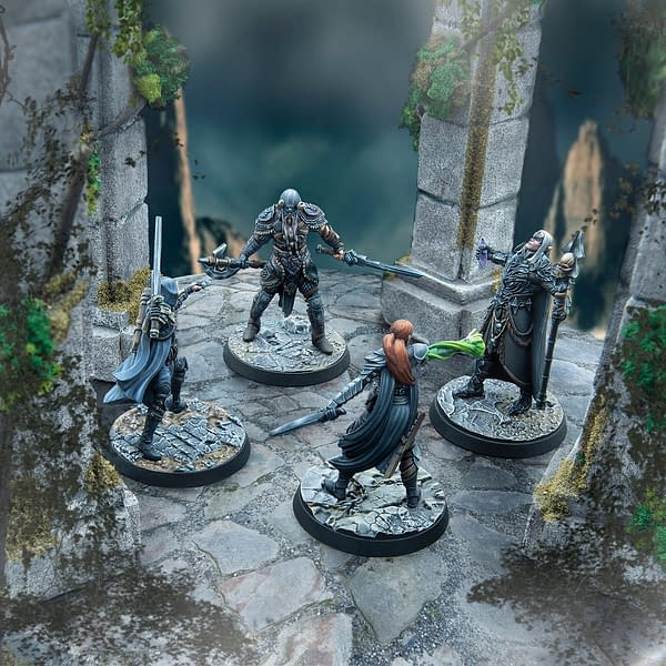 Four fully-painted miniatures showcasing The Elder Scrolls Online Cinematic Heroes collection by Modiphus, for use with The Elder Scrolls: Call To Arms!