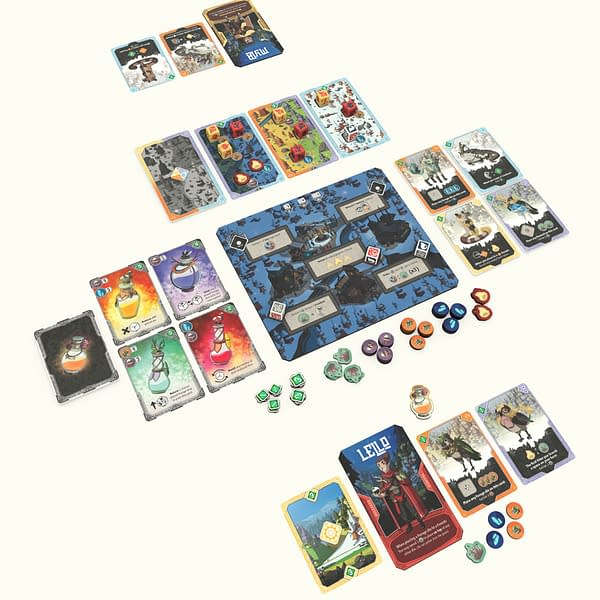 The spread-out array of components from Brew, a game by Pandasaurus Games that, as mentioned above, is currently experiencing major shipping delays in Los Angeles.