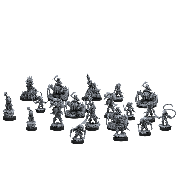 An array of the miniature components in Epic Encounters: Labyrinth of the Goblin Tsar by Steamforged Games.