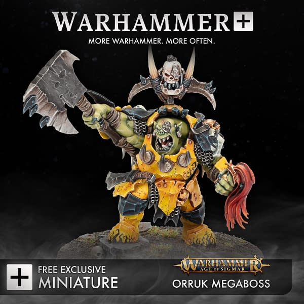 A Warhammer+ exclusive Orruk Megaboss miniature from Age of Sigmar, one of the first subscription perk minis offered with the paid service by Games Workshop.