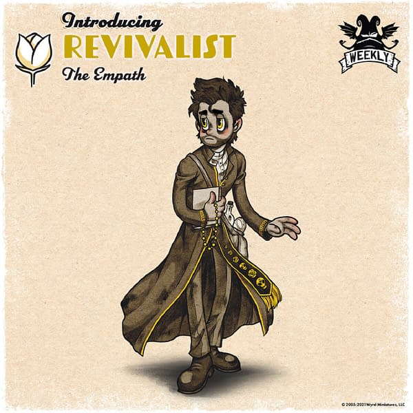 The Max Fleischer-esque art for Vagrantsong is amazing to behold. Pictured here is the Revivalist, a character from the upcoming board game. Image attributed to Wyrd Games.