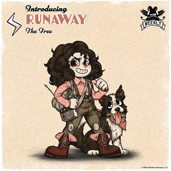 The Runaway and her pooch, characters from the upcoming board game Vagrantsong, by Wyrd Games.