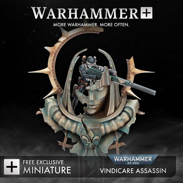 The other Warhammer+ exclusive Vindicare Assassin miniature from Warhammer 40,000, one of the first subscription perk minis offered with the paid service by Games Workshop.