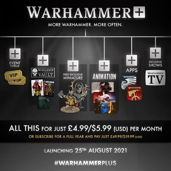 An infographic displaying the many things you could get by subscribing to Games Workshop's new paid service, Warhammer+.