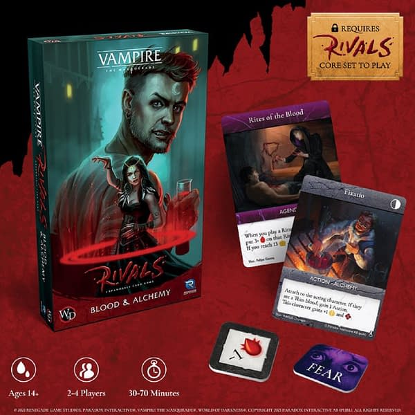 Promotional art for Blood & Alchemy, the first expansion set for Renegade Game Studios' expandable card game, Vampire: The Masquerade Rivals.