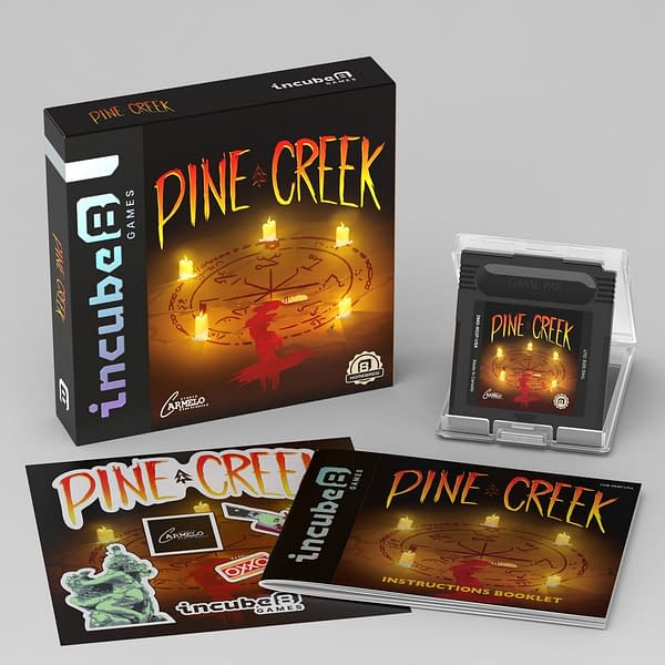 The array of what comes in Pine Creek's Standard Edition package for the Game Boy Color, by Incube8 Games, Spacebot Interactive, and Carmelo Electronics.
