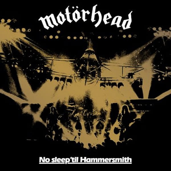 The cover of the 40th-anniversary release of English rock band Motörhead's famous album, No Sleep 'til Hammersmith.