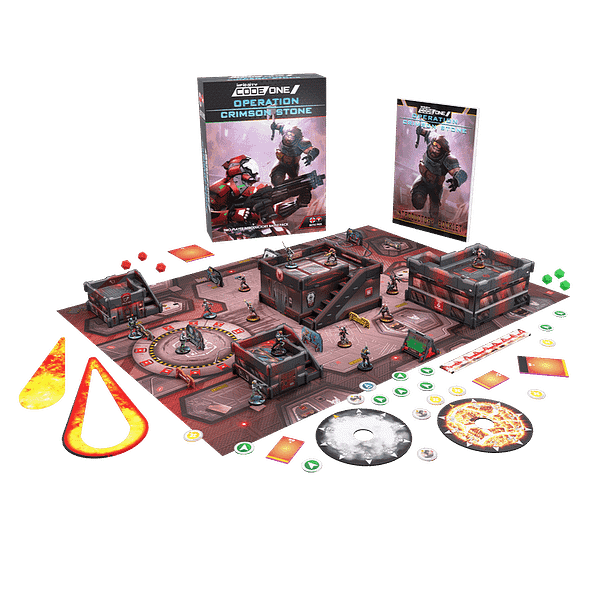 An array of components from the Operation: Crimson Stone battle pack for Infinity CodeOne, now available for preorder through July 22nd.