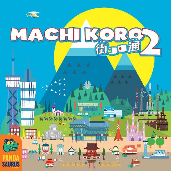 The front cover of the box for Machi Koro 2, the hit Japanese dice game by Pandasaurus Games.