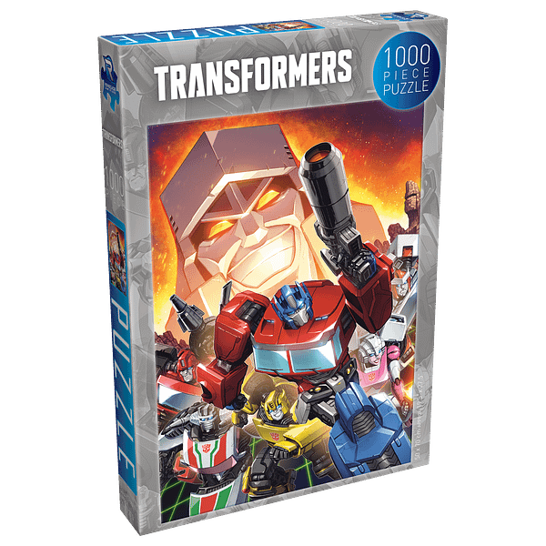 The box for Renegade Game Studios' newest jigsaw puzzle, based on key art from the Transformers Deck-Building Game.