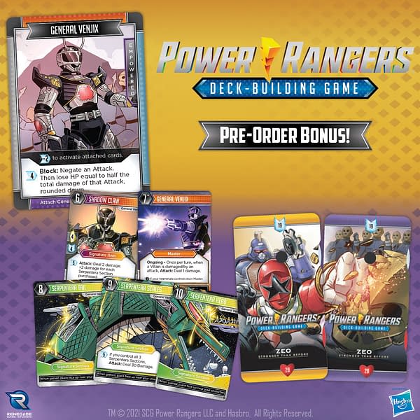 The preorder bonus to purchasing the Power Rangers Deck-Building Game's expansion, Zeo: Stronger Than Before. Image attributed to Renegade Game Studios.
