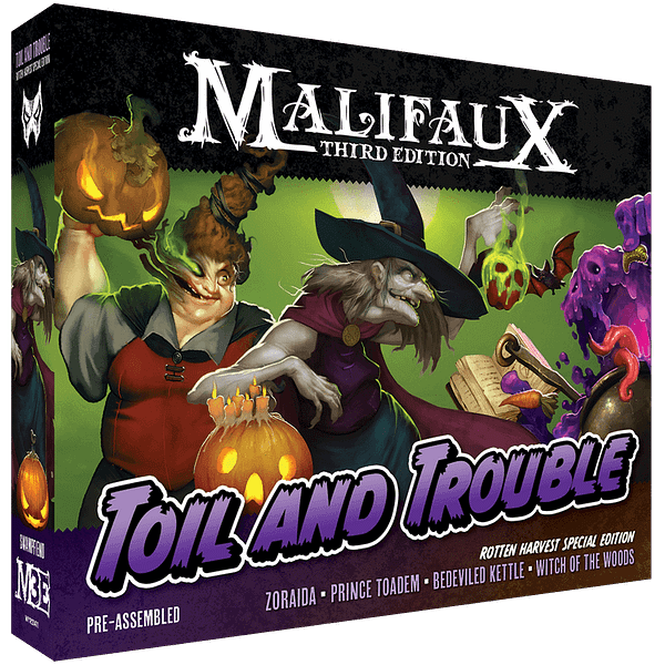 The front of the box for Toil And Trouble, the Rotten Harvest limited-edition sculpts for Zoraida, a Neverborn/Bayou Master from Wyrd Games' tabletop wargame, Malifaux.