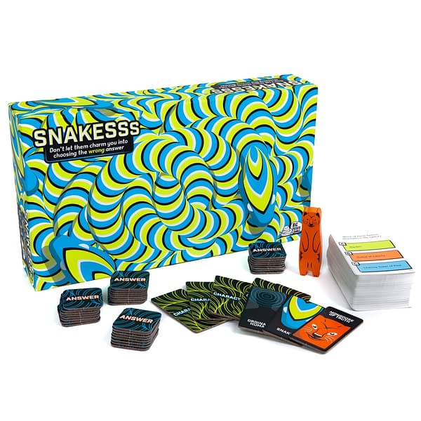 An array of the contents of Snakesss, a social deduction trivia game by Big Potato Games.