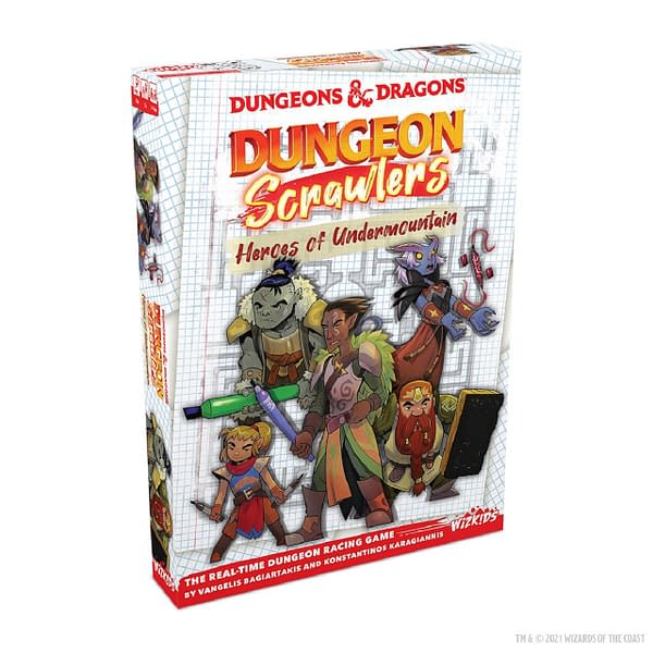 An angled shot of the front of the box for Dungeons & Dragons: Dungeon Scrawlers: Heroes of Undermountain, a WizKids game created by Wizards of the Coast.