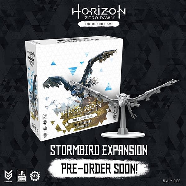 A promotional solicitation for the Stormbird expansion from Horizon: Zero Dawn: The Board Game, a tabletop game by Steamforged Games.