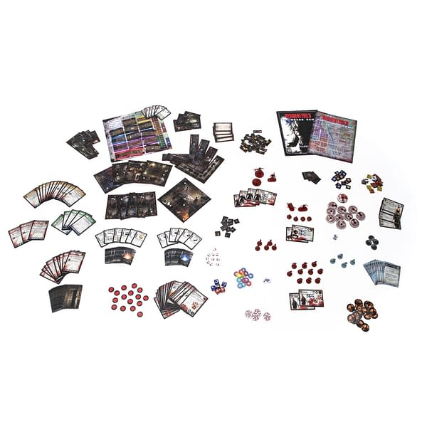 An array of components from Resident Evil 3: The Board Game's core game, by Steamforged Games.