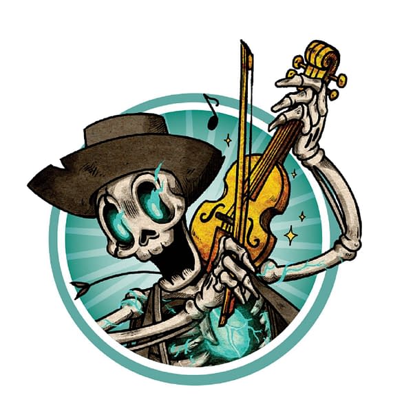 A pin that comes as one of the preorder bonuses for ordering Vagrantsong early or at GenCon 2021. It depicts a Skelly Man from the spooky Americana-inspired board game. Image attributed to Wyrd Games.