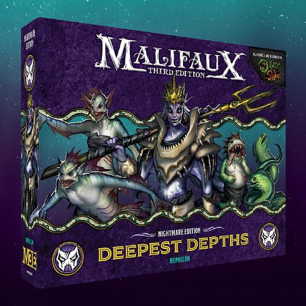 An angled shot of the Nightmare Edition box for Deepest Depths, a set containing Neverborn Master character Nekima and her Nephilim in Malifaux, and various models from the Gibbering Hordes faction in The Other Side. Image attributed to Wyrd Games.