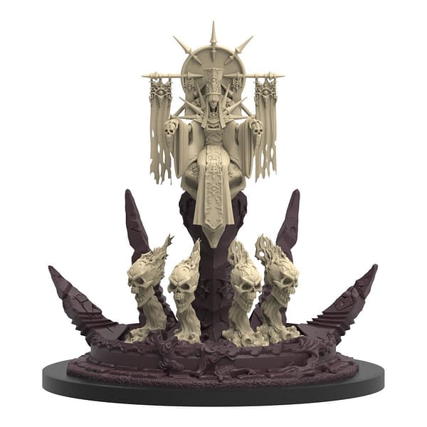 An unpainted digital render of the Lich Empress, the boss of this series that comes in the Tower of the Lich Empress box for Epic Encounters by Steamforged Games.