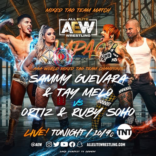 AEW Rampage promo graphic: Sammy Guevara and Tay Melo vs. Ortiz and Ruby Soho in AAA World Mixed Tag Team Championship match