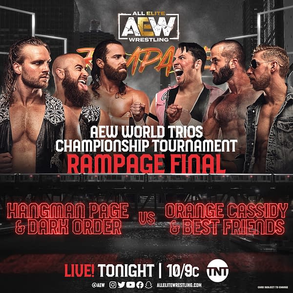 AEW Rampage promo graphic: AEW World Trios Championship Tournament semi-final match between Dark Order and Best Friends