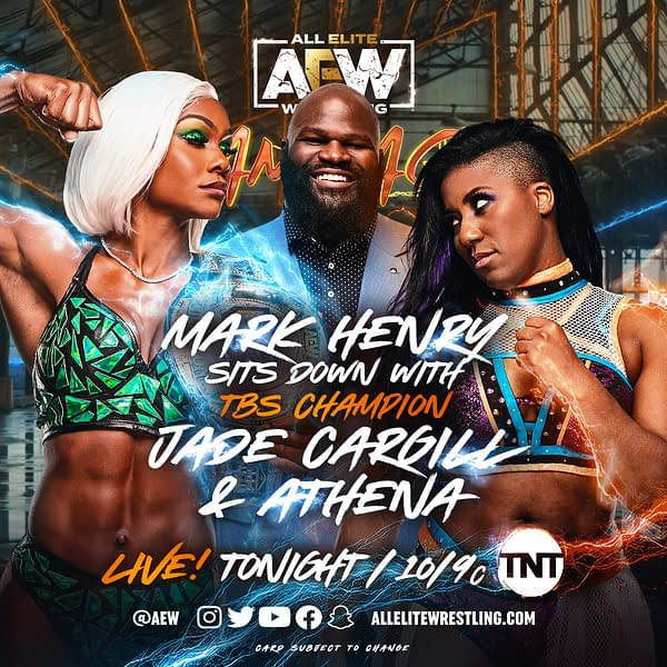 AEW Rampage promo graphic: Mark Henry interviews Jade Cargill and Athena