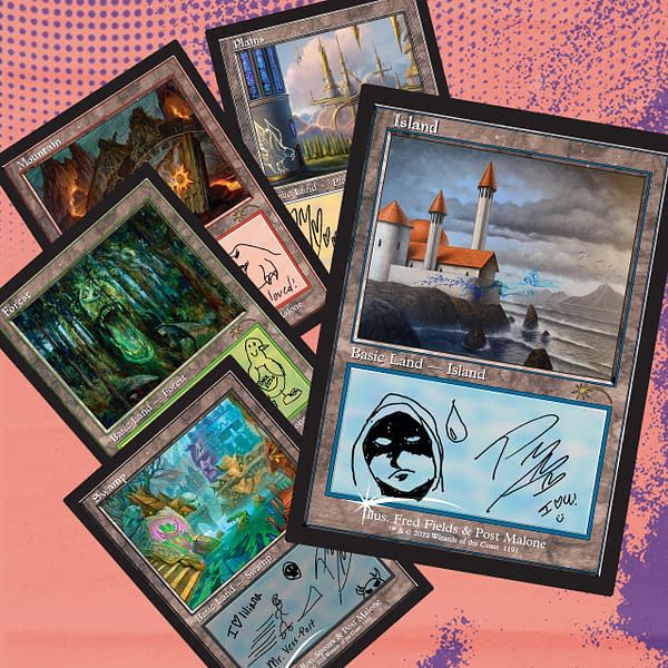 The contents of Secret Lair x Post Malone: The Lands, a collaborative drop for Magic: The Gathering.
