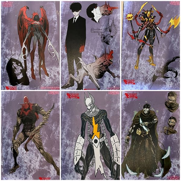 Knight Terrors Designs For Robin, Black Adam, Red Hood, Wonder Woman, Batman and Superman.