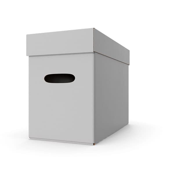 A gray storage box with a lid, featuring an oval cutout handle, designed for organizing items, possibly for comic book collections.