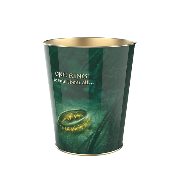 A mockup of a green cup featuring the inscription 'ONE RING to rule them all...' with a depiction of a golden ring at the bottom, set against a textured background that suggests a mystical theme.
