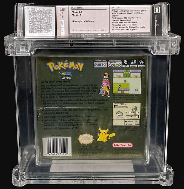 The back of the box for the 9.0-graded, sealed copy of Pokémon Gold Version, currently available as part of Comic Connect's latest auction series.