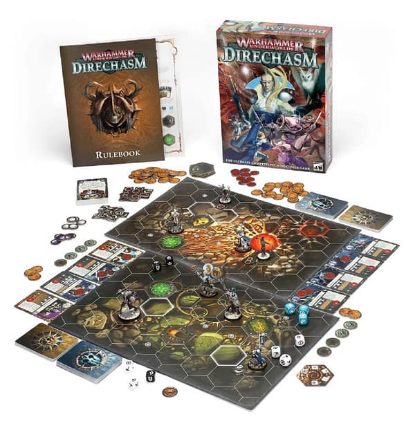 An array of the game components within Warhammer Underworlds: Direchasm.