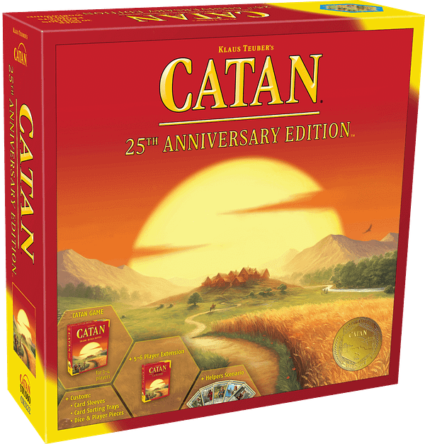 A look at the box for CATAN 25th Anniversary Edition, courtesy of Asmodee.